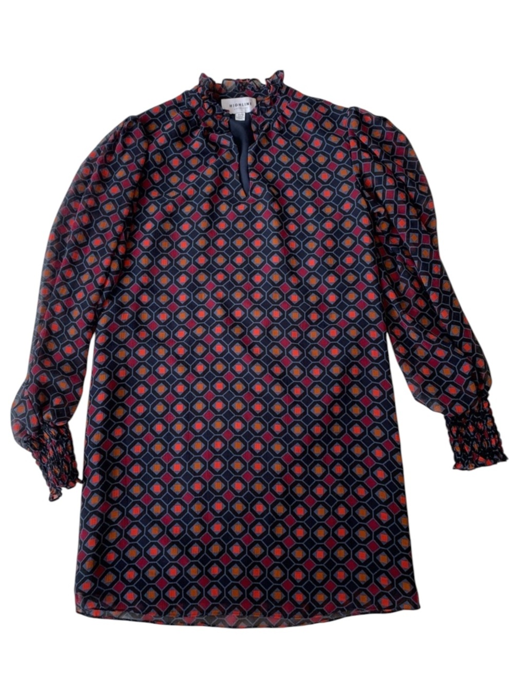 Highline Collective Twee Collared Puffy Long Sleeve Patterned Mini Dress Size XS